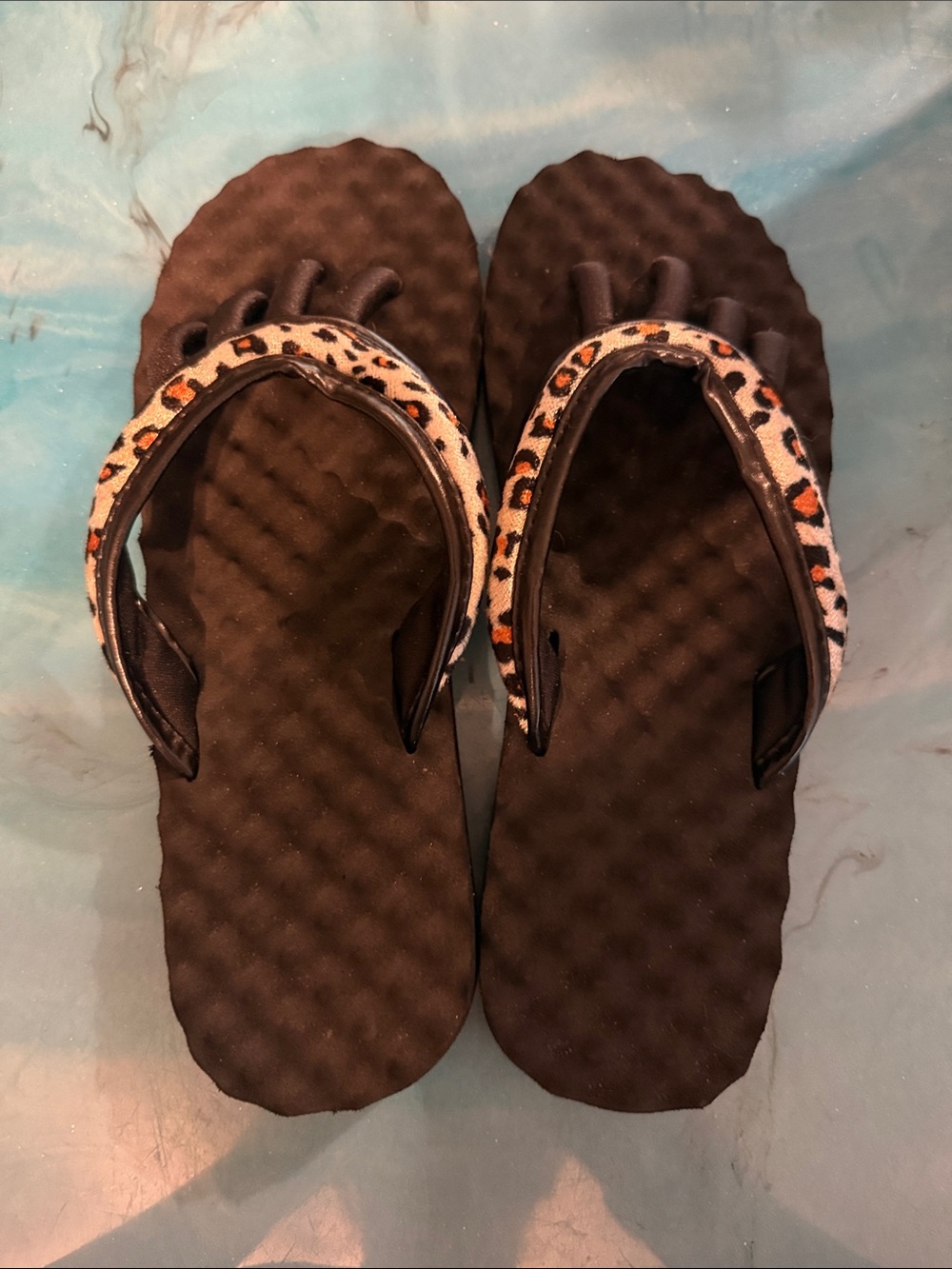 Black Flip Flop Sandals with Leopard Print Straps